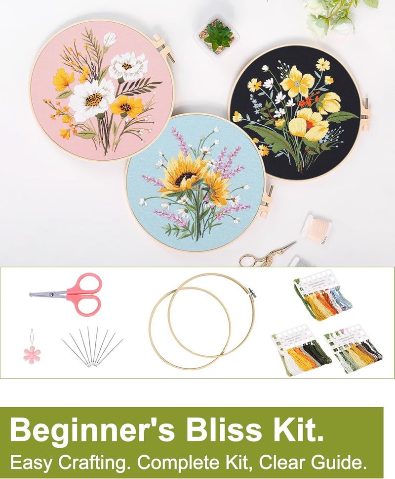 Santune 3 Pack Flower Embroidery Kit for Beginners Adults Cross Stitch Needlepoint Kits Hand Craft with Plant Patterns,3 Instructions,1 Hoop,Threads and 6 Needles - Image 5